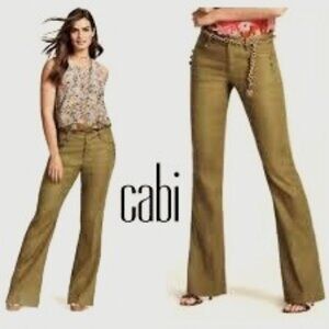 CABI Charlie Linen Blend Trouser Pants Womens 2R Olive Green Flare Leg
